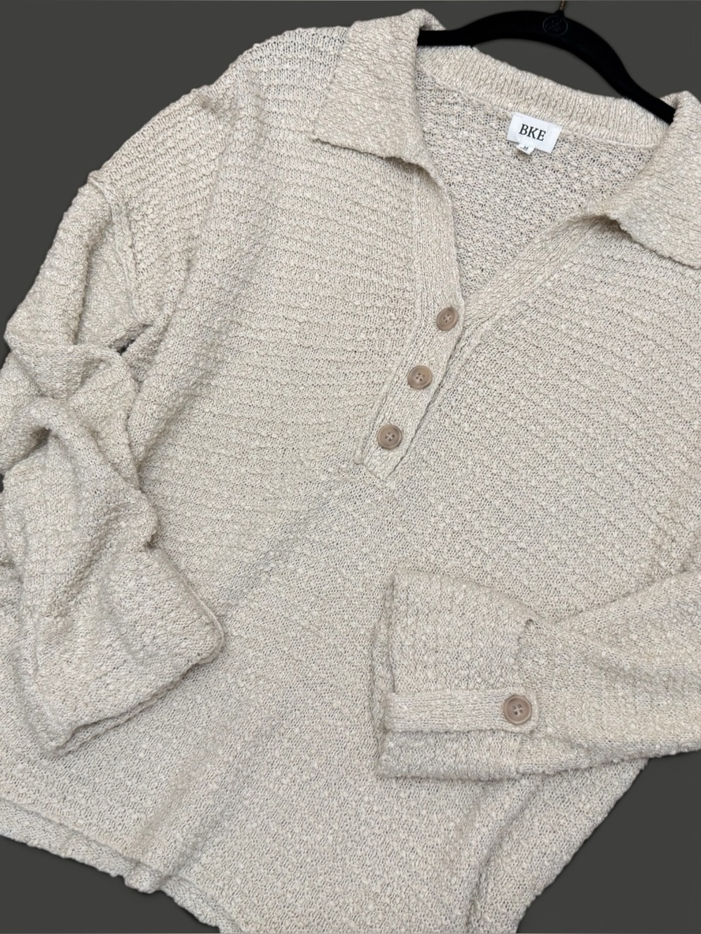 BKE Textured Knit Henley Collared Relaxed Oversized Sweater in Oat Tan Size M